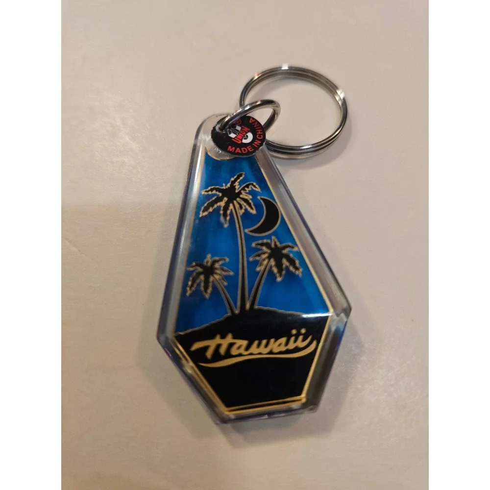 Vintage Hawaii Souvenir‎ Keychain Blue Acrylic Palm Trees Moon Coffin Shape